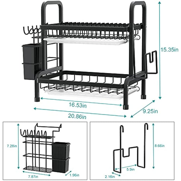 niffgaff 2 Tier Black Dish Drainer Rack, Stainless Steel Drying Rack Kitchen, Drainers Draining Board with Drip Tray, Rust Proof Large Washing Up Sink