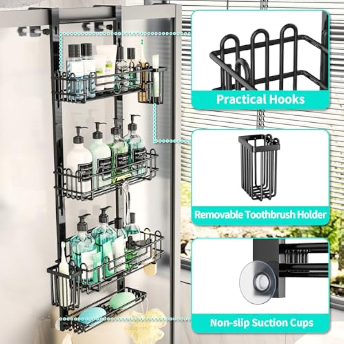 HapiRm Shower Caddy Hanging - 4 Tier Over Door Shower Shelf, Bathroom Storage with 22 Hooks and 2 Toothbrush Holders, No Drilling Adjustable Bathroom Shelf - Black