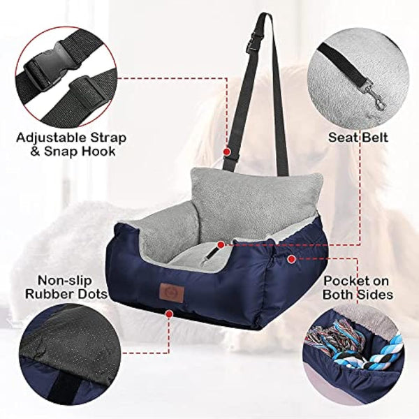 GoFirst Dog or Cat Booster Seat - Travel Car Bed with Storage Pocket, Clip-On Safety Leash, Waterproof Warm Plush, Navy Blue