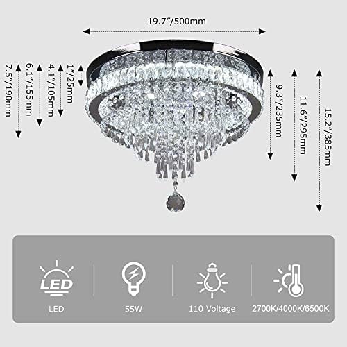 FRIXCHUR 19.7'' Crystal Chandelier Ceiling Light Living Room Modern Bedroom Chandeliers LED Flush Mount Light Fixture for Kitchen Hallway Bathroom with Remote Control (Stepless-Dimmable)