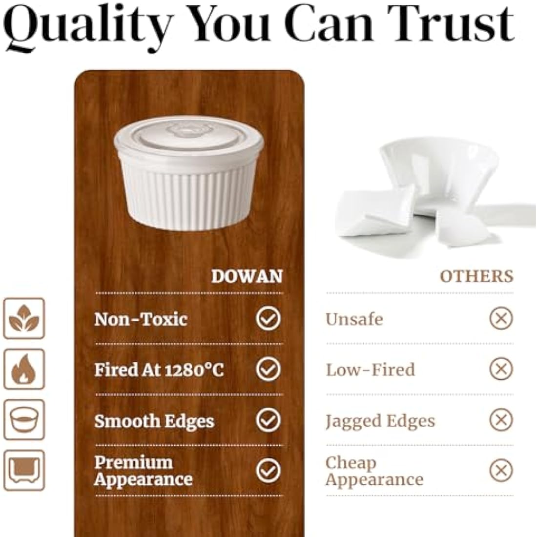 DOWAN Ramekins with Lids, 8 OZ Porcelain Ramekin Dishes for Creme Brulee Soufflé, Egg Mould, Muffin Cases, Mini Dip Bowl, Baking Bowl for Oven & Air Fryer, Classic White, Pack of 6