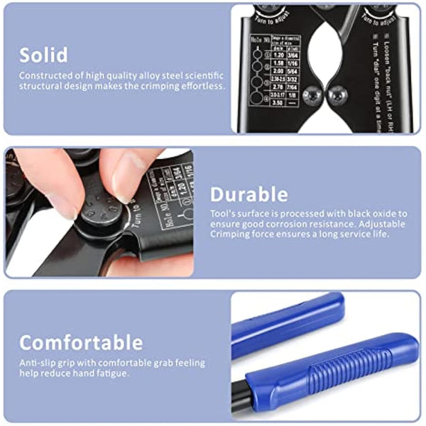 iCrimp Hand Swage Wire Rope Crimping Tool, Compatible with Aluminum Duplex Hourglass Sleeves and Copper Duplex Sleeves, Built-in Cable Cutter for 1.2mm to 3.5mm Wire Rope