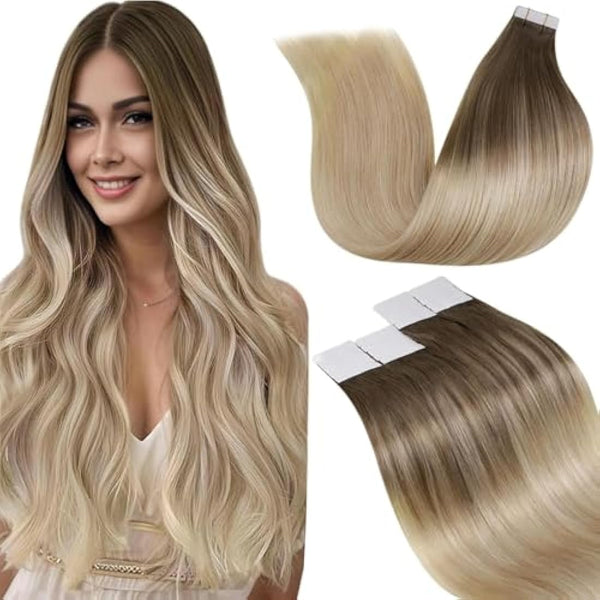 LaaVoo Tape in Hair Extensions Human Hair Blonde Tape Hair Extensions Real Human Hair Invisible Tapes Remy Straight Balayage Brown to Blonde Hair Double Sided Tabs 20pcs 50g 14 Inch #8/18/60