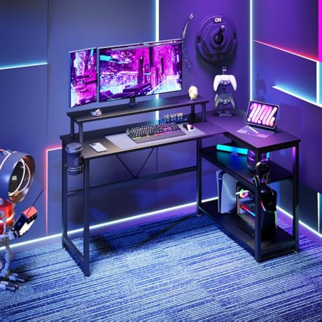 HEEYUE Computer desk, L-shaped Gaming Desk with Large Monitor Stand,Corner Desk with 2-Layer Storage Shelf, Computer Workstation for Home Office (Black Carbon Fiber)