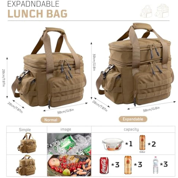1TG Tactical Insulated Lunch Bag, Expandable Lunch Box for Men, Leakproof Large Cool Bag with Shoulder Stap, Reusable Lunch Tote Bag for Work Travel Camping Picnic Beach, 18L-24L