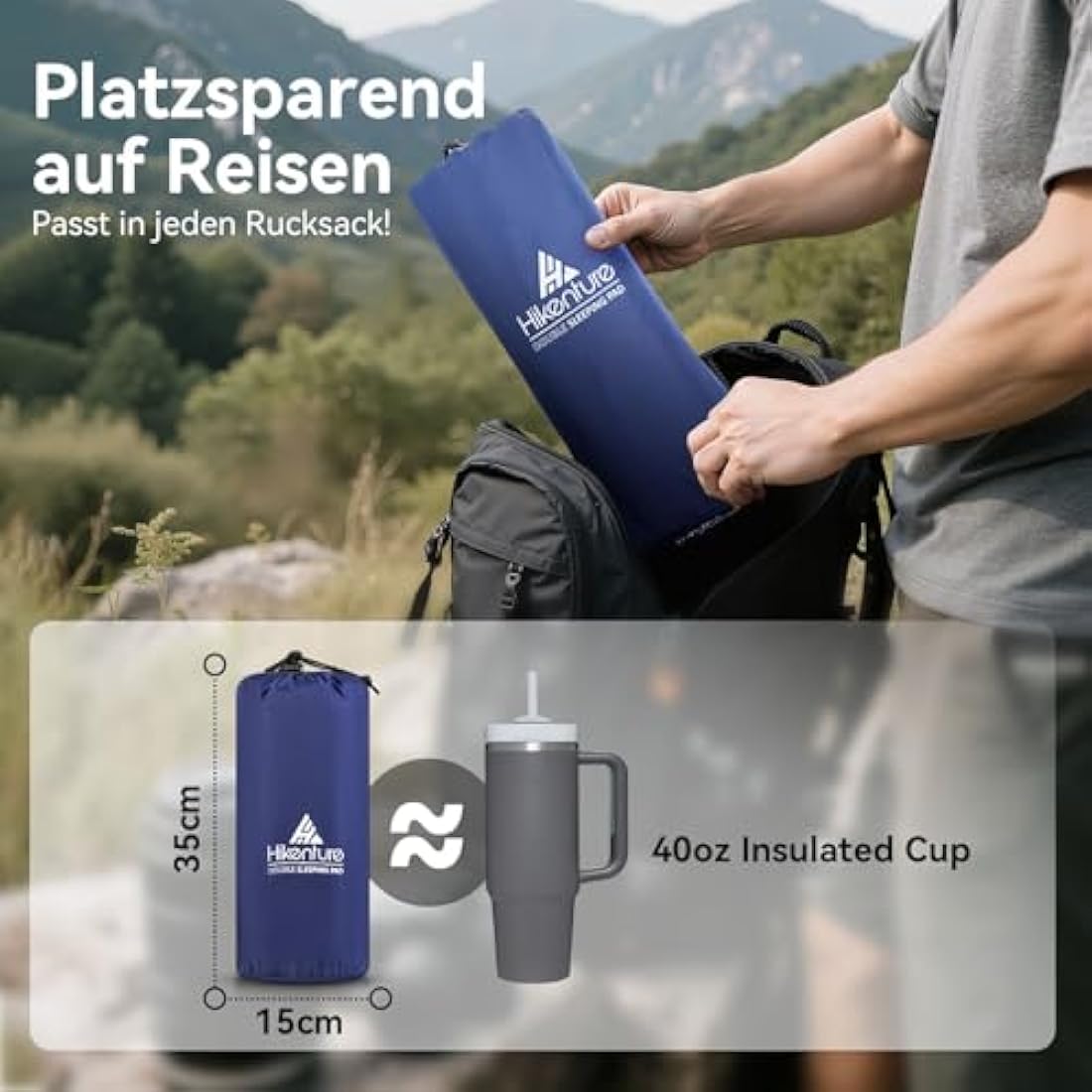 HIKENTURE Double Double Ultralight Double Insulating Mattress, 2 Person Inflatable Small Space Saver with Foot Pump/Pump Bag, for Travel, Outdoor, Hiking, Beach, Navy Blue