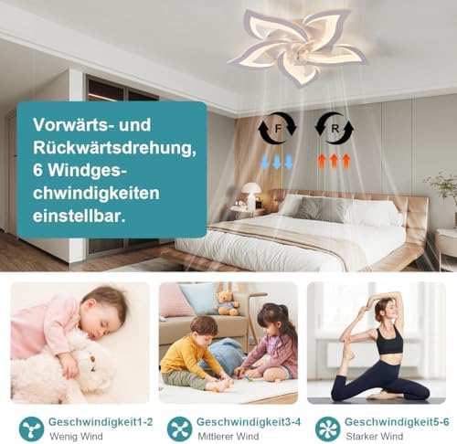 AiPaiTe Quiet Ceiling Fan with Lighting, Modern LED dimmable Ceiling Fan Lighting with Fan Bedroom Pendant Light, 5 Light Design for Bedroom Kitchen Dining Room Super Ceiling Fans with Lamps-69cm