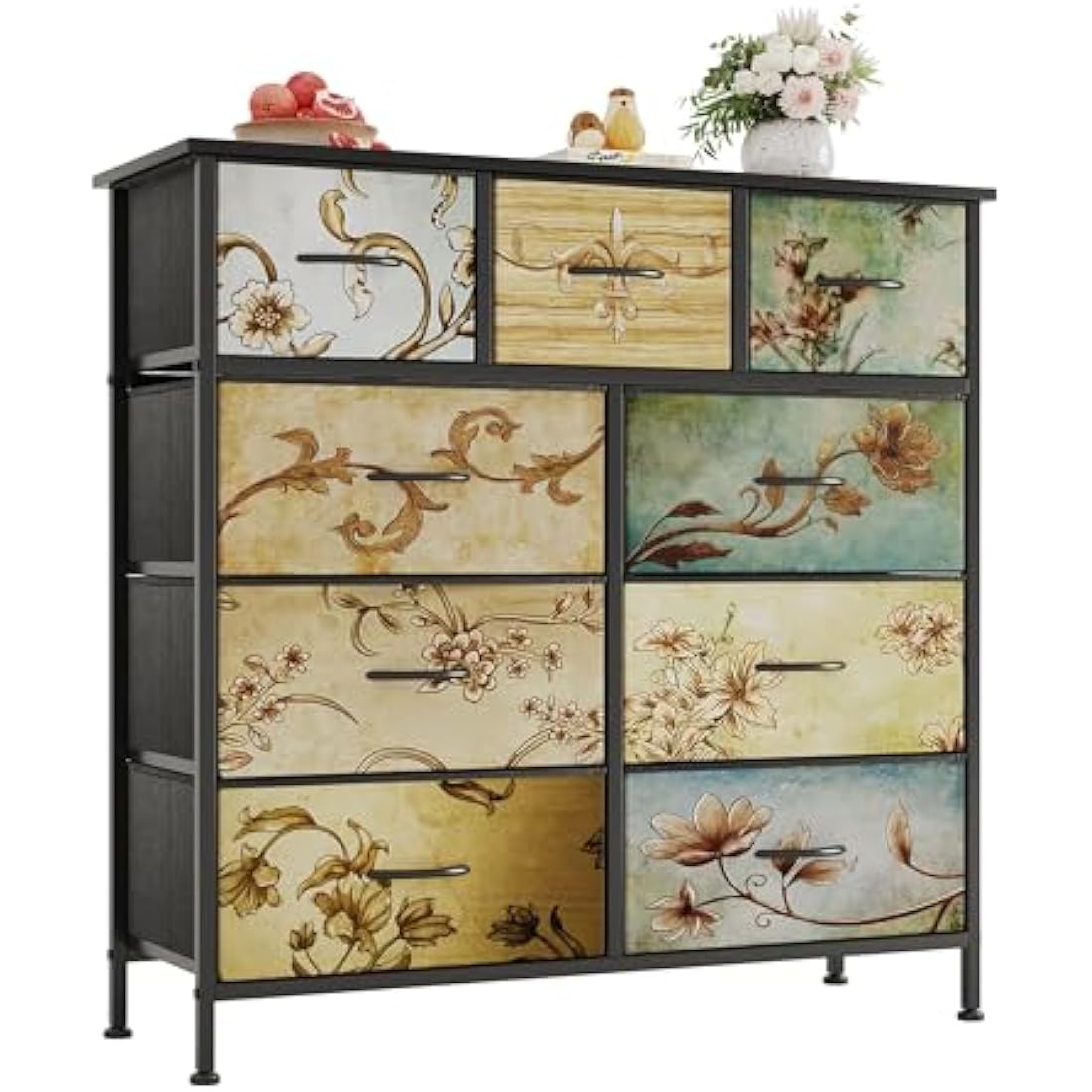 Flrrtenv Chest of Drawers Bedroom with 9 Drawers, Tall Fabric Dressers with Flower Printing, Dresser for Entryway Hallway Living Room, Closet Storage Drawer, Black Wooden Top