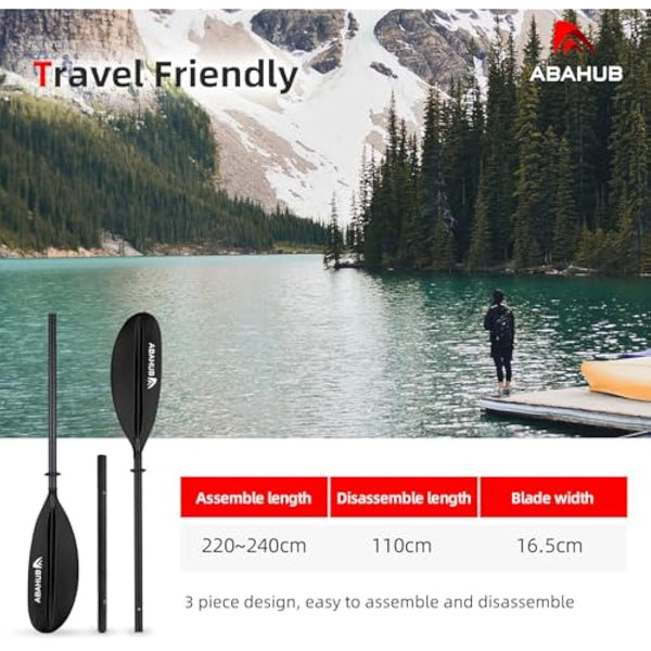 Abahub 3-Piece Kayak Paddle Carbon Adjustable 220 cm to 240 cm Double Paddle with Paddle Leash for Kayaking Rowing Boat, Carbon Shaft Plastic Blades Black/White/Blue/Green/Orange/Yellow/Turquoise