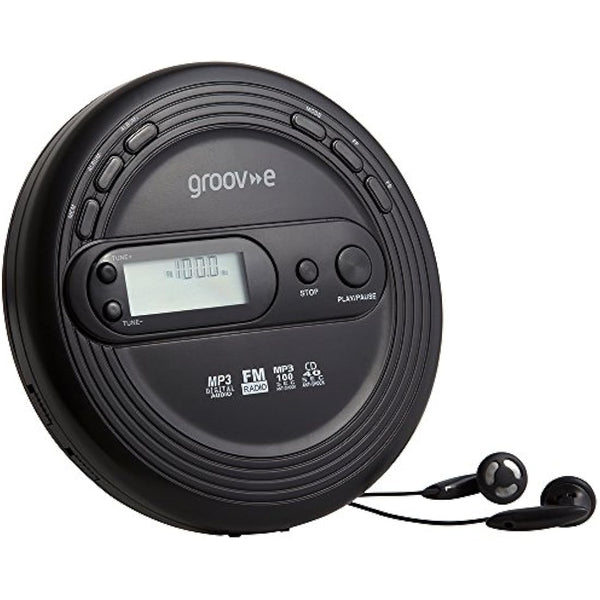 groov e RETRO Radio CD Player - Personal FM Radio with CD-R, CD-RW, & MP3 Music Playback - Anti-Skip Protection, Programmable Tracks - Earphones Included - Micro-USB or Battery Powered - Black