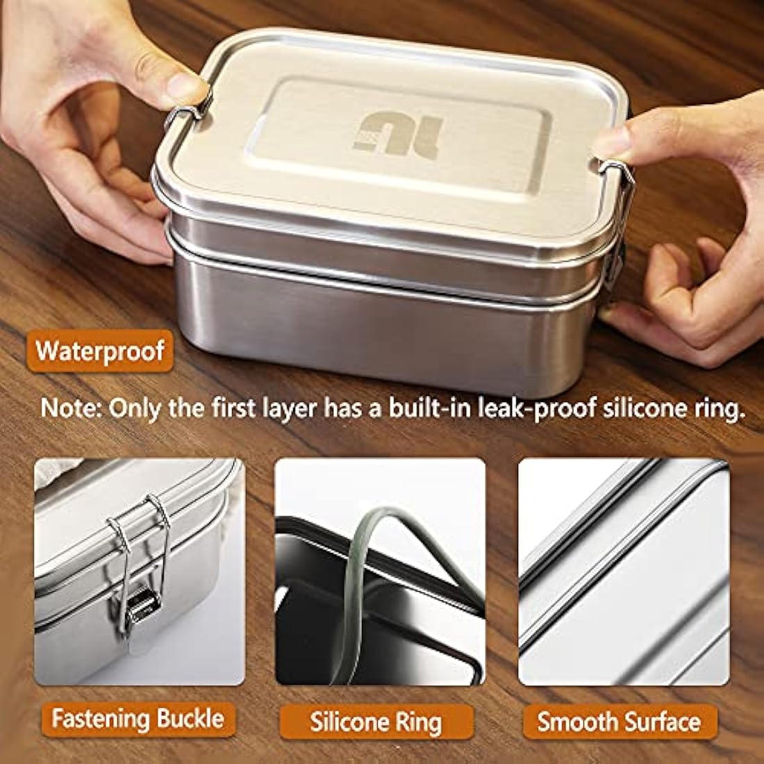 nicelock Stainless Steel Lunch Box Large, 2 Tier (760ml+1200ml) Metal Bento Box Leak-Proof Sandwich Salad Food Storage Container with Adjustable Compartment, Folding Cutlery Set for Adult Women Men