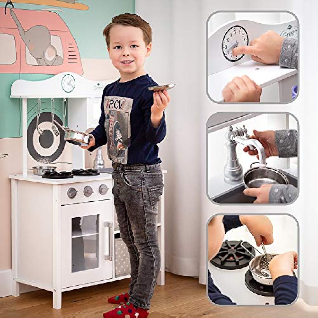 Green Series Kinderplay Children's Kitchen – Children's Wooden Kitchen | Children's Kitchen 2 Years | Kitchen for Children 3 Years | Children's Kitchen 5 Years | Children's Kitchen Height 87 cm,