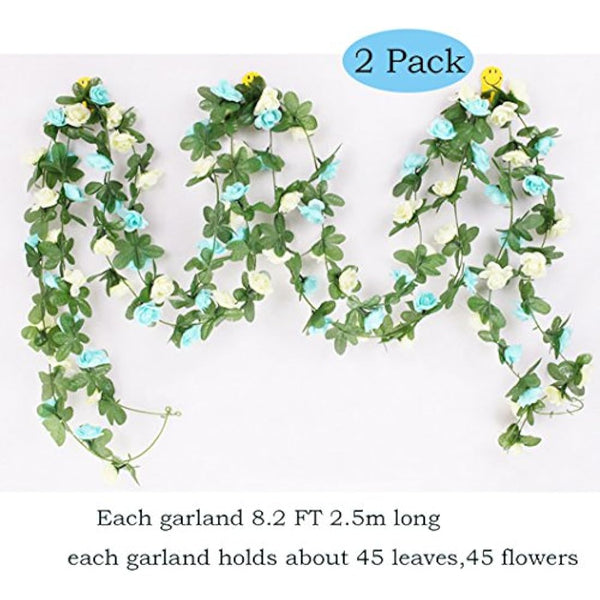 LumenTY 2 Pack 2.5 m Artificial Flower Vine Rose Garland Silk Fake Flowers Hanging Decor for Hotel Office Garden Home Party Wedding Festival Craft Art Decoration - Blue and White