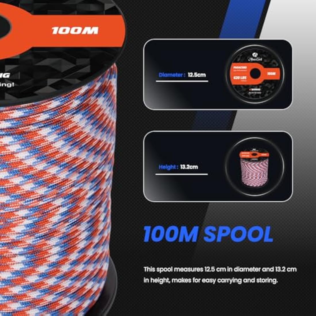 Abma Cord Paracord 4mm 100m 100% Nylon Rope 9 Strands Type III Parachute Cord for DIY, Camping, Survival, Outdoor - Max. 280kg - Liberty