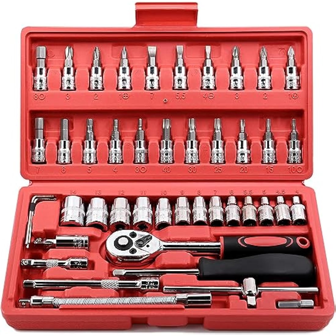 46Pcs Socket Sett - 1/4 inch Drive Socket Ratchet Wrench Set, with Bit Socket Set Metric and Extension Bar for Auto Repair and Home Maintenance, with Storage Case