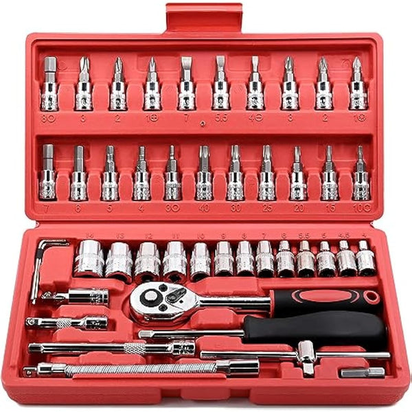 46Pcs Socket Sett - 1/4 inch Drive Socket Ratchet Wrench Set, with Bit Socket Set Metric and Extension Bar for Auto Repair and Home Maintenance, with Storage Case