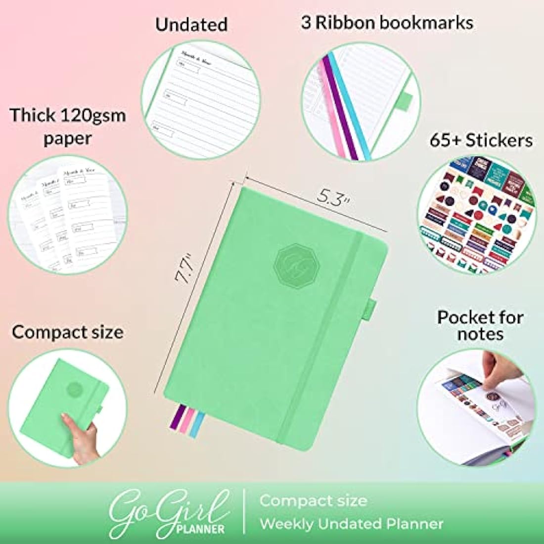 GoGirl Planner and Organizer for Women – Compact Weekly Planner, Goals Journal & Agenda to Improve Time Management & Productivity (Mint Green)
