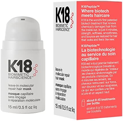 K18 Mini Leave-In Molecular Hair Mask, Repairs Dry or Damaged Hair, Reverse Hair Damage from Bleach, Colour, Chemical Services & Heat, 15ml
