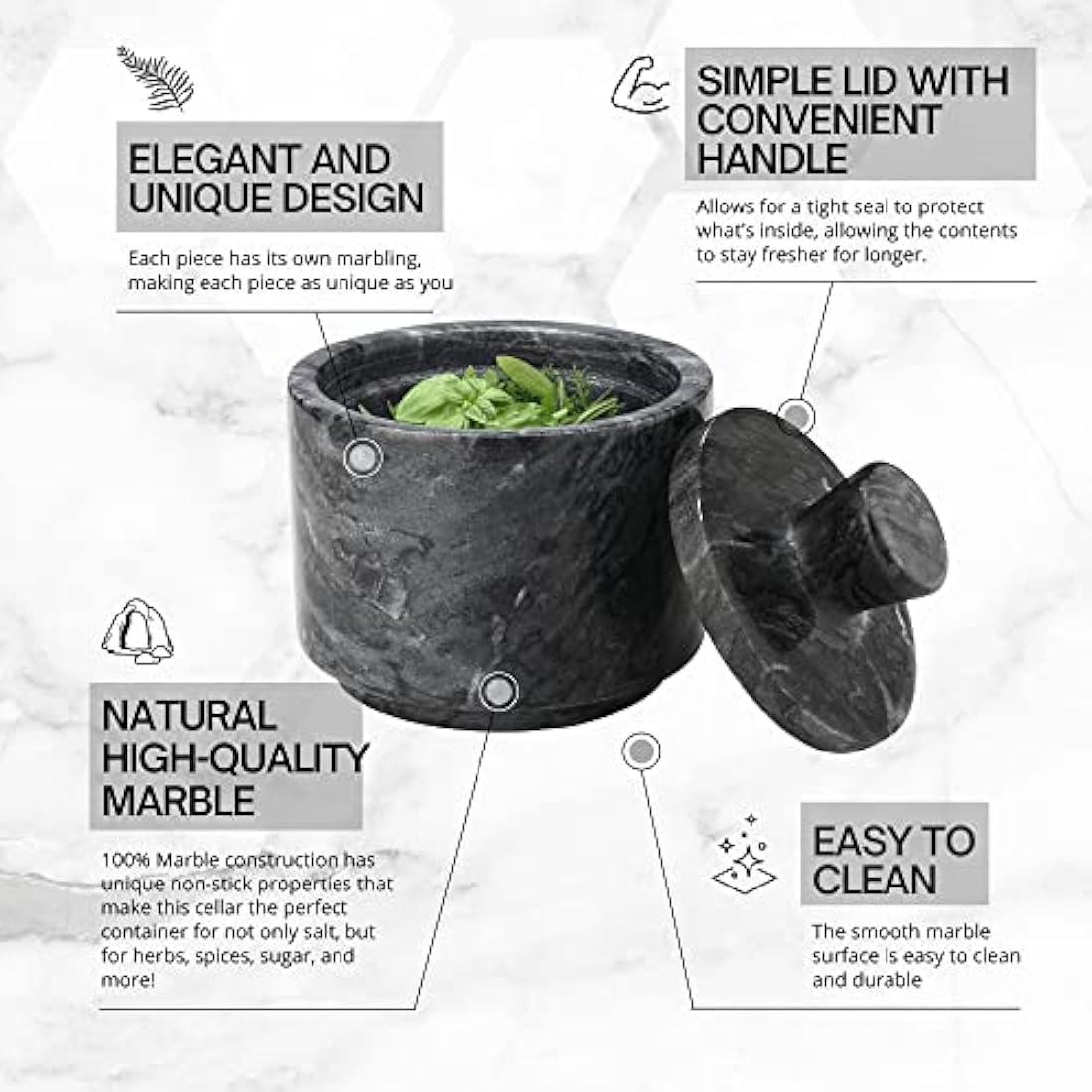 Flexzion Marble Salt Cellar with Lid - Salt and Pepper Bowls Dish Container for Kitchen - Marble Pepper Jar Storage Box Holder for Paprika, Herbs, Sugar, Jewelry & Watches (Set of 2, Black & White)