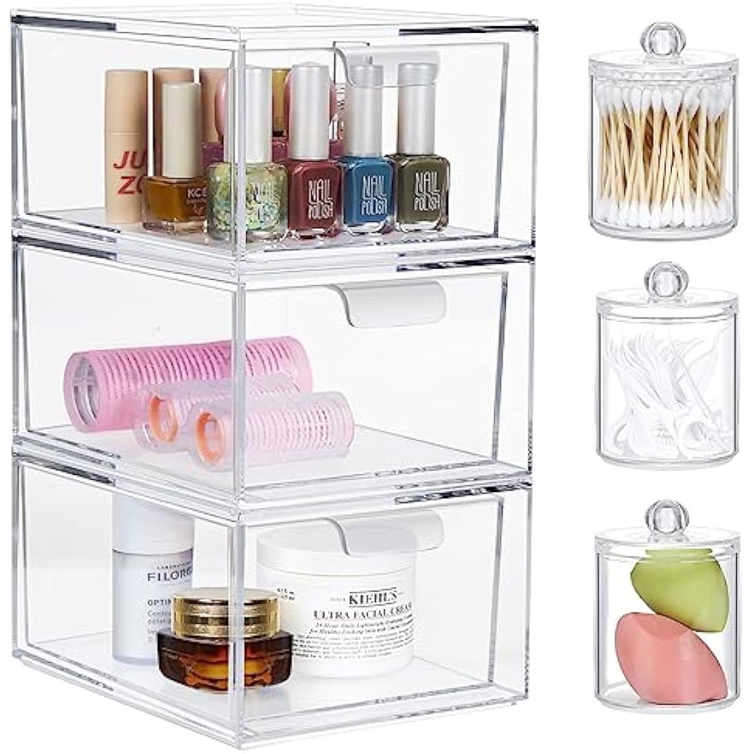 Greentainer Makeup Organizer With Drawers - Stackable Clear Plastic Organizer Drawers,4.5 Inches Tall Organize Cosmetics and Beauty Supplies on a Vanity (Clear 3 Pack with 3 Qtips Holder)