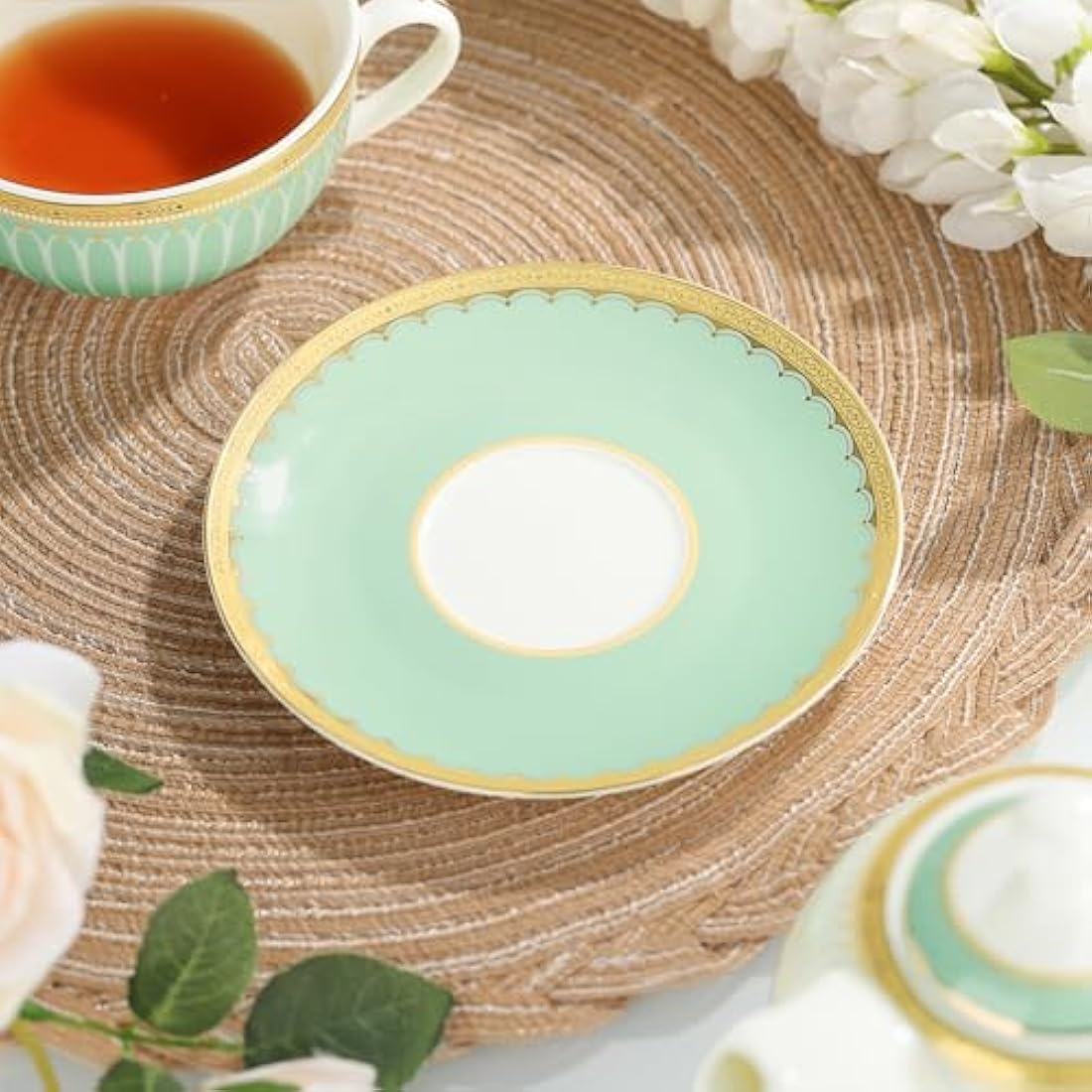 fanquare Teapot Cup and Saucer Set, British Afternoon Tea Set for One with Gold Trim, Porcelain Teapot for Adults Gift, Green Stripes