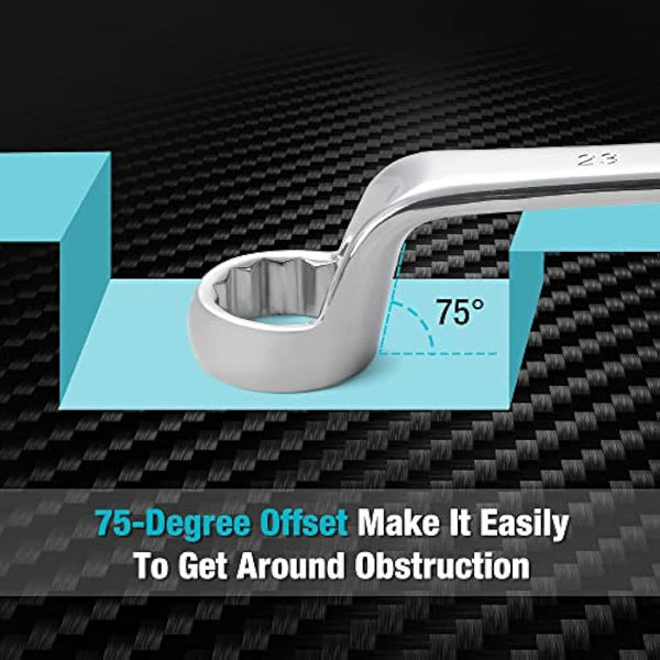 DURATECH Offset Double Ring Spanner Set, 9-Piece Metric Box End Wrench Set with Roll Pouch - 75-Degree Offset, 6-23mm, 12-Point, Chrome Vanadium Steel