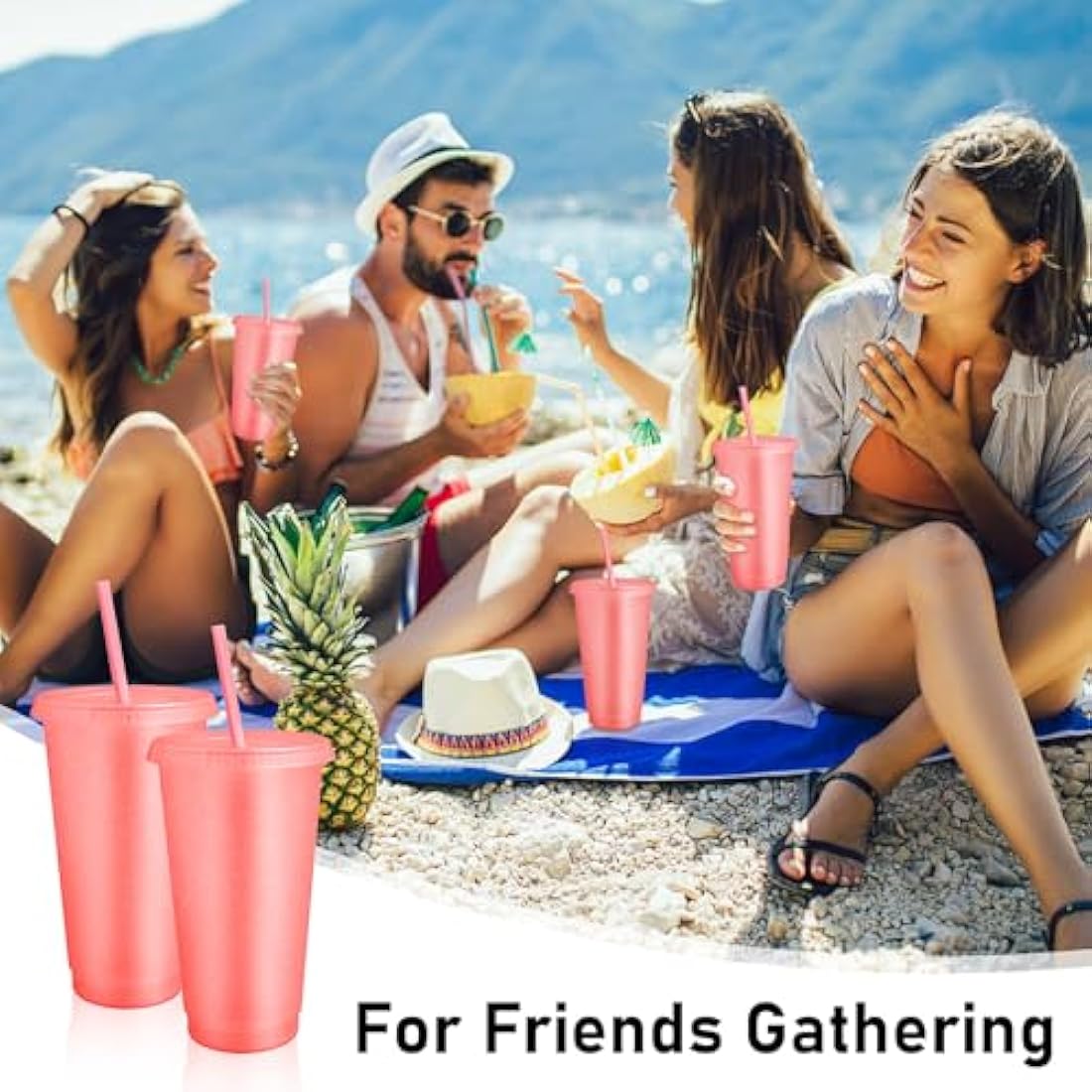 24 Pcs Reusable Cups with Lids and Straws 24 oz Glitter Iced Coffee Tumbler Plastic Travel Mug Cup for Smoothie Juices Birthday Sleepover Party Supplies (Light Pink)