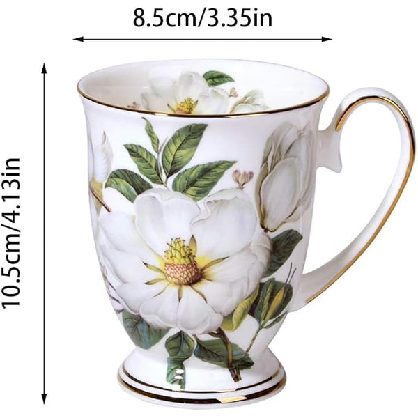 4 Piece Porcelain Mug Set - Bone China Floral Coffee Tea Water Cup - Tea Coffee Cappuccino Home Kitchen Office Gift Mug Set - 11 oz/312 ml