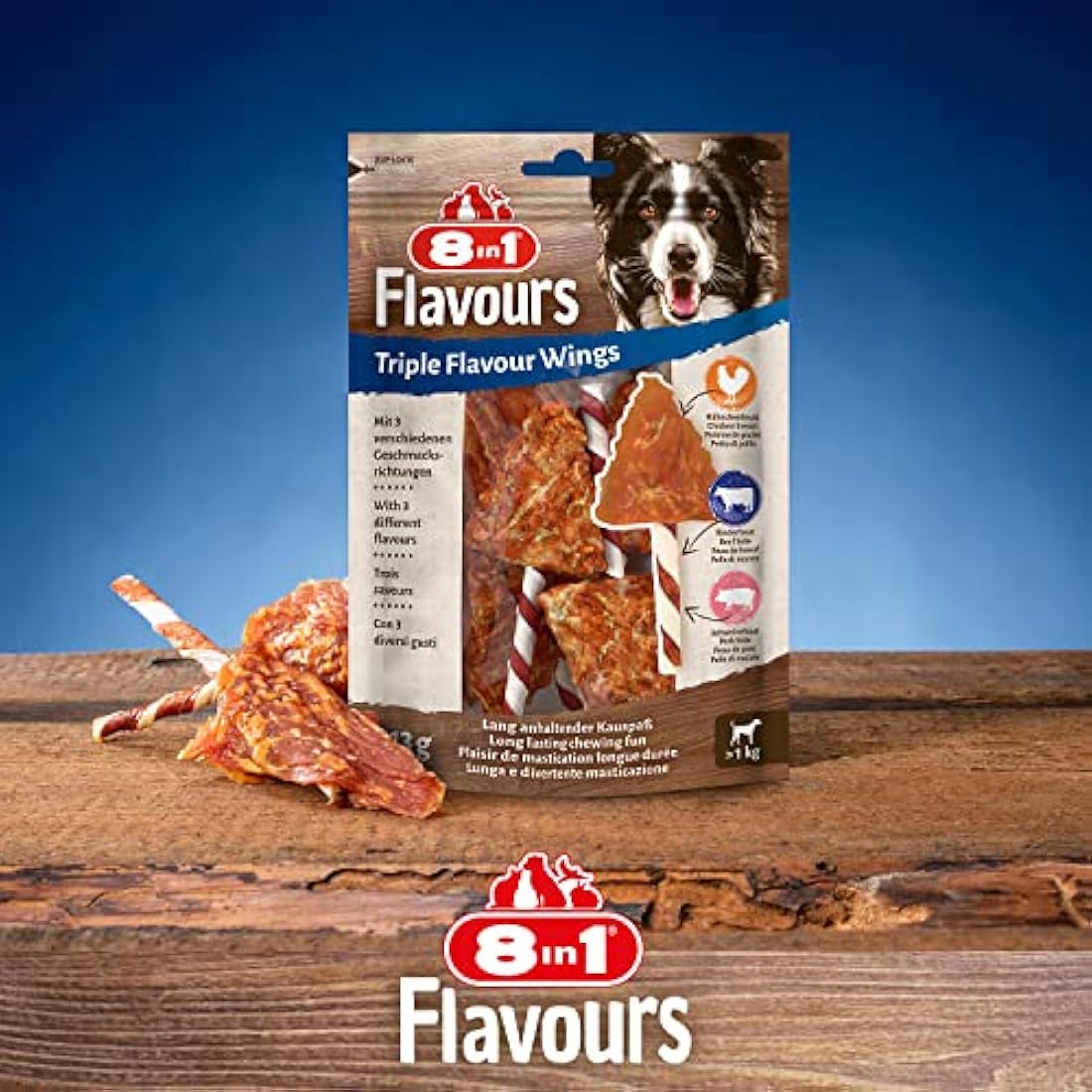 8in1 Triple Flavour Wings chew sticks for dogs - extra-meaty chew snacks, 113g bag