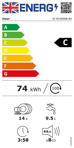 Haier XI1C3TB2FB-80 I-Pro Shine Series 4 Integrated Dishwasher, 11 place Setting, Black Bezel, C Rated