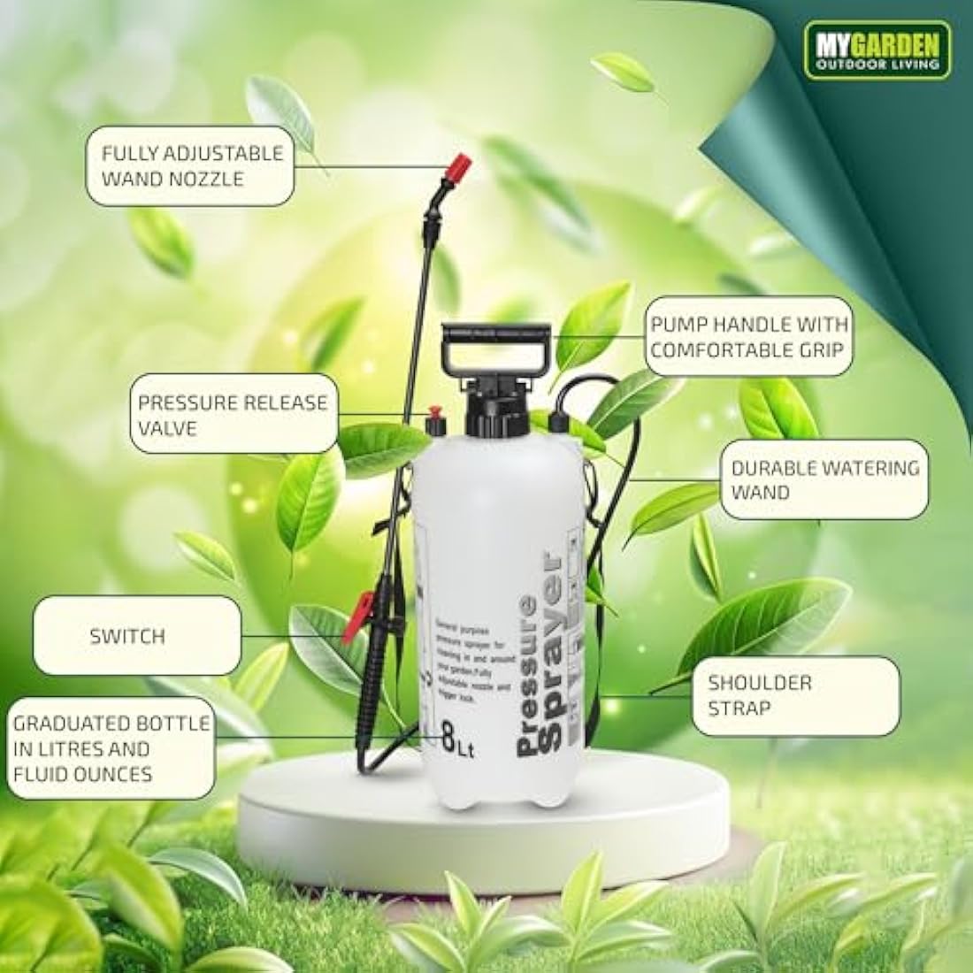 My Garden 8 Litre Sprayer Pump - Weed Killer Pressure Sprayer Pump Action - High Pressure Long Reach Sprayers - Ideal For Spraying Water Fertiliser Herbicides Pesticides Preservative & Detergent