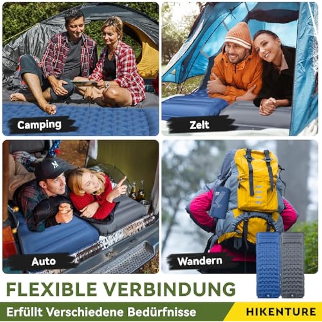 HIKENTURE Self-Inflating Sleeping Mat, 13 cm Ultra Thick Sleeping Mat Camping with Cushion, Inflatable Air Mattress, Small Pack Size, Ultralight Sleeping Mat with Foot Pump for Outdoor, Hiking, Tent,