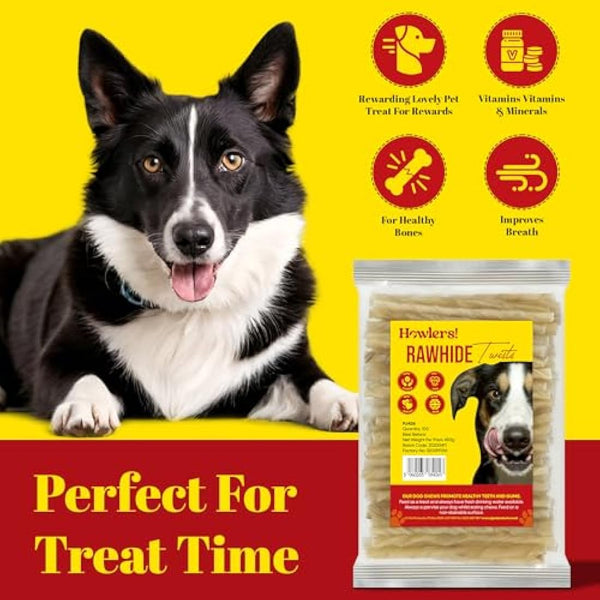 HOWLERS Natural 13cm Pack of 100 Dog Chew Rawhide Twists | Natural Dog Chews Stick For All Dogs | Delicious Dog Chew Sticks For Your Furry Friend