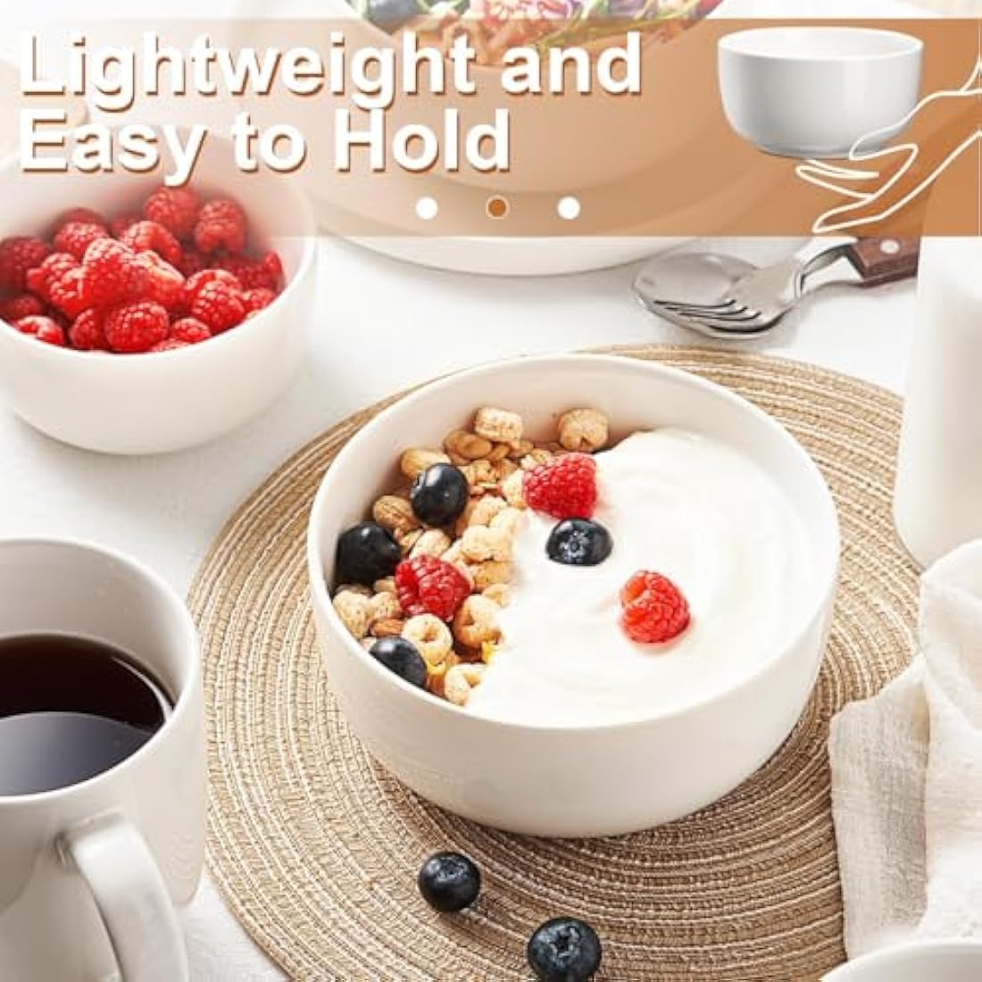 Jassceram Cereal Bowls Set of 6, 800ml Ceramic Large Bowls for Soup, Salad, Dessert and Oatmeal, Suitable for Kitchen or Dining - Dishwasher & Microwave Safe, 6 Inch, 28 Oz, White