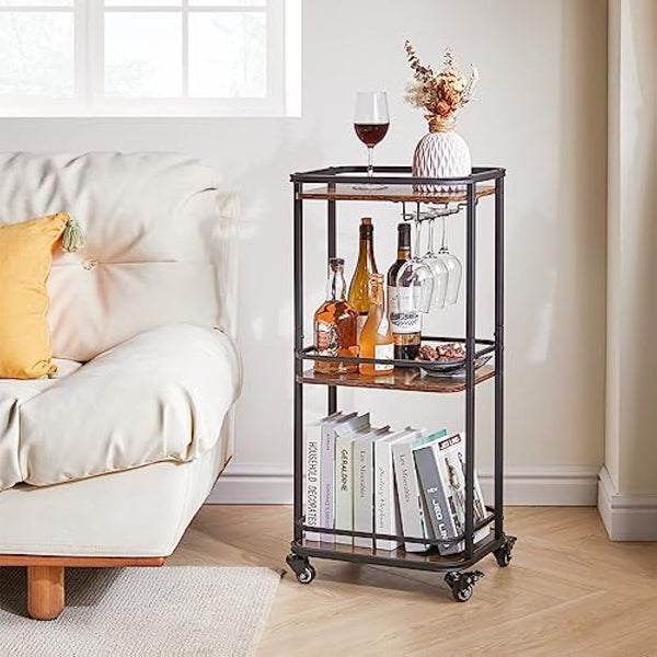 IBUYKE 3-Tier Home Bar Serving Cart,Kitchen Storage Carts With Wheels,11.79x15.72x33.01 inches,Rolling Mini Bar Cart for Home, Outdoor, Kitchen, Bedroom, Living Room TMJ319H
