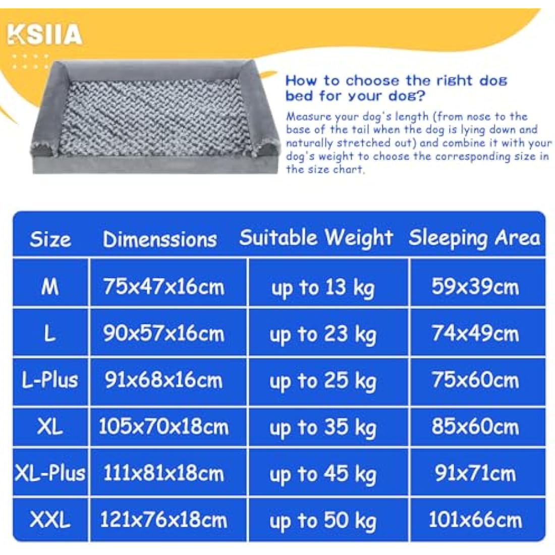 KSIIA Large Dog Bed, XL Orthopedic Dog Sofa Beds with Removable Washable Cover, Waterproof Pet Sofa with U-Shape Bolster, Grey 105x70x18cm