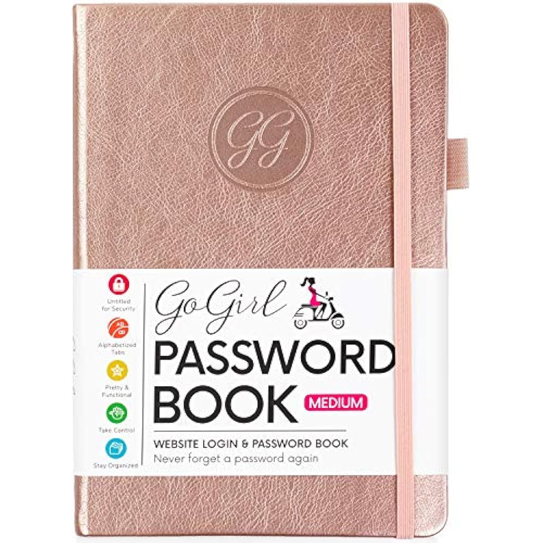 GoGirl Password Book with Alphabetical tabs – Internet Address & Password Keeper Logbook for Password Organization, Journal Notebook for Saving Website Logins. Medium Size 13.5 x 19cm - Rose Gold