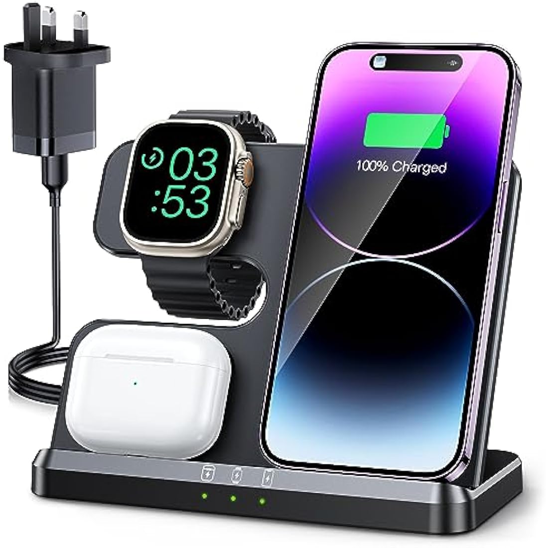 JARGOU Wireless Charger for iPhone/Apple Watch/AirPods, 3 in 1 Wireless Charging Station for iPhone 16 15 14 13 12 11 Pro Max, iWatch Charger for iWatch 10/9/Ultra/SE/8/7/6/5/4/3/AirPods Pro 4 3 2