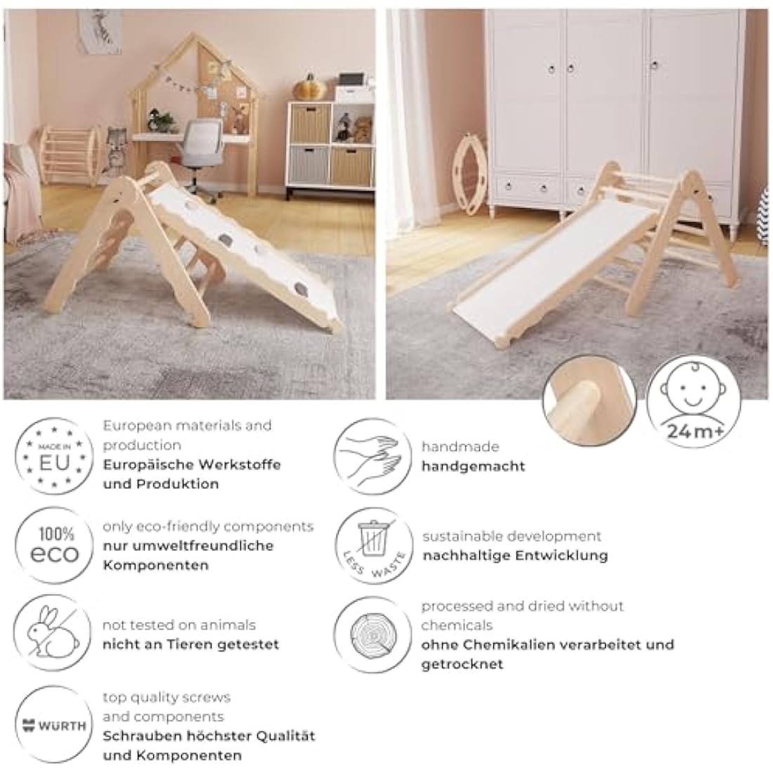 MAMOI® Indoor climbing triangle with slide for kids, Baby climbing frame, Wooden toddler gym for children outside and outdoor, Frames and slides, toys for toddlers