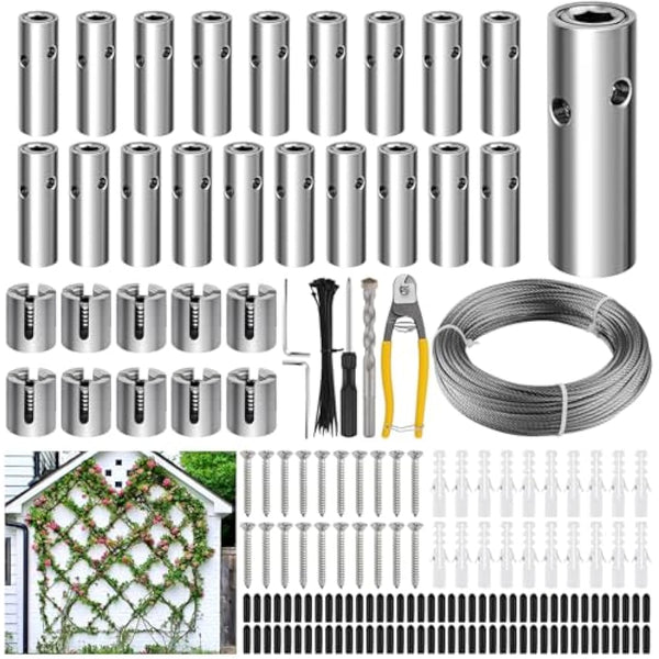 185PCS Garden Wire Trellis for Climbing Plants, Kalolary 30M Stainless Steel Heavy Duty Wire Trellis Kit Wall Plant Climbing T316 Steel Wire Rope Cross Clamp Cable Trellis System Kit for Flower Vines