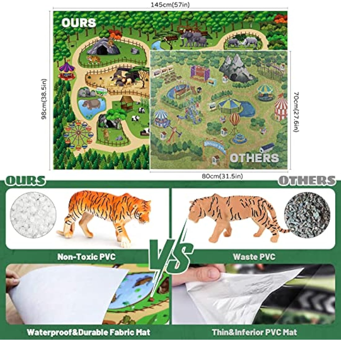 FRUSE Safari Animals Figures Toys with 145x98cm Jumbo Play Mat,12PCS Jungle Zoo Animals Playset with Lion,Elephant,Educational Learning Toys for Kids