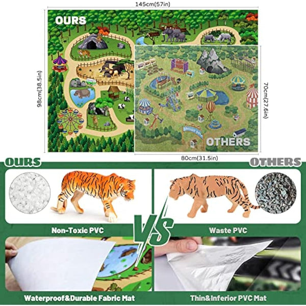FRUSE Safari Animals Figures Toys with 145x98cm Jumbo Play Mat,12PCS Jungle Zoo Animals Playset with Lion,Elephant,Educational Learning Toys for Kids