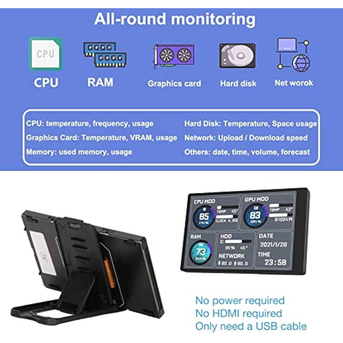 5in IPS Mini Screen, AIDA64 PC Sensor Panel Display, CPU RAM Data Monitor & Host Temperature Control Dynamic LCD