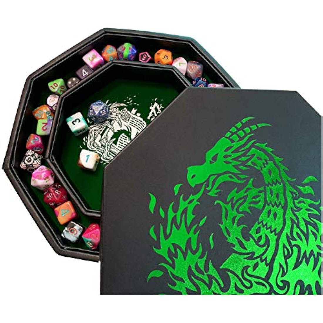 Fantasydice GREEN Fire Dragon - Dice Tray - 20CM Octagon with Lid and Dice Staging Area- Holds 5 Sets of Dice(7 / Standard) For All Tabletop RPGs Like D&D, Call of Cthulhu, Shadowrun.