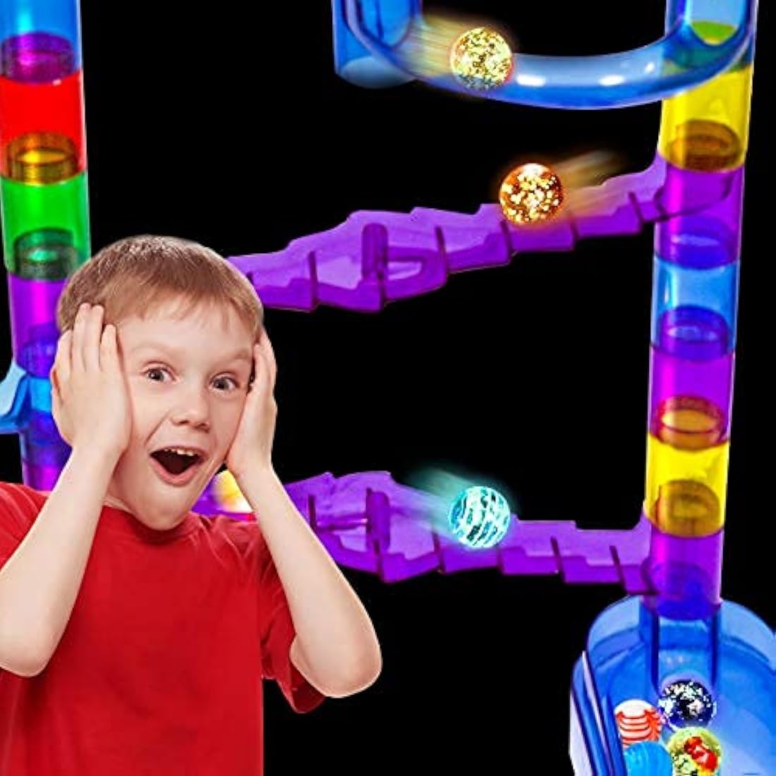 LOYO Glowing Marble Run, 132pcs Marble Run Toy STEM Educational Learning Toy Gift for Boys Girls 4 5 6 7 8 + Year Old (102 Translucent Marbulous Pcs & 30 Glass Marbles)