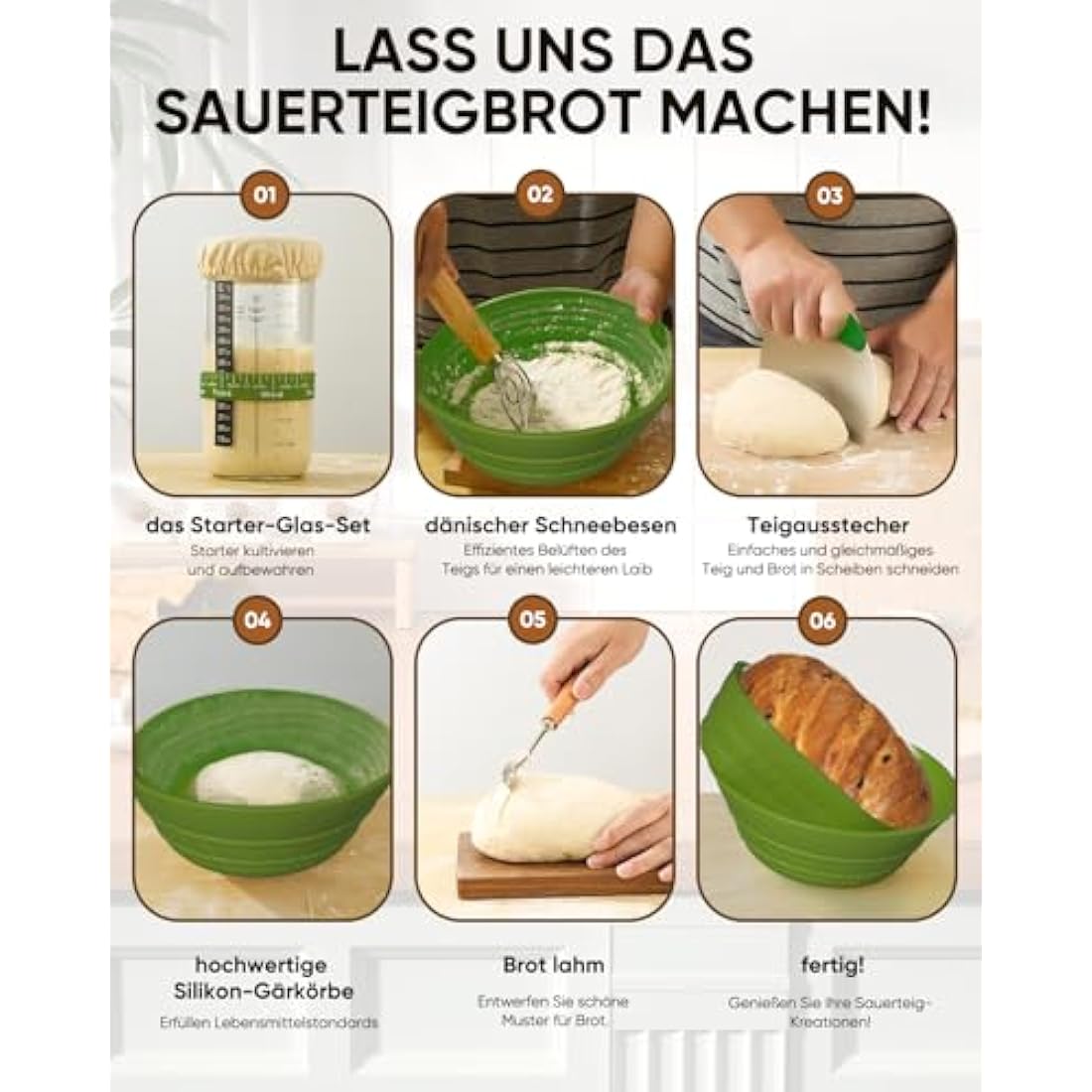 Sourdough Bread Baking Supplies 34 OZ Sourdough Starter kit with 2 Bread Proofing Basket (Green) (Green)
