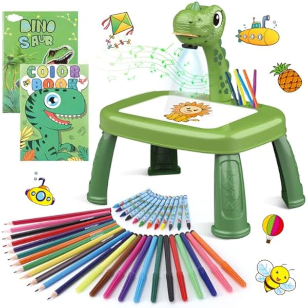 Dinosaur Drawing Projector Table with 72 Patterns Drawing Board Kids Art Tables with Pens,Pencils,Crayons,Scrapbook,Sticker Book,Unicorn Stickers,Stamps （12.6 * 9.5 * 14.5 inches）