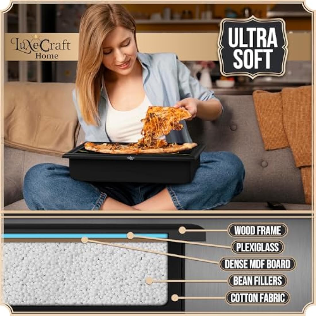 Empire Lap Tray with Bean Bag Cushion – Wooden Soft Padded Lap Tray with Cushion for Eating, Drinking & Laptop – Ideal for Breakfast, Dinner, Snacks & Work – Comfortable, Portable with Sturdy Design