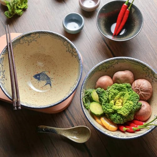 HLWDXno1 Ramen Bowl Set of 2 Ceramic Noodle Bowl with Chopsticks & Spoons 1200ml Large Soup Bowls Japanese Style Retro Porcelain Microwave Tableware Ramen Gift Set for Salad,Pho,Pasta,Udon, Fish