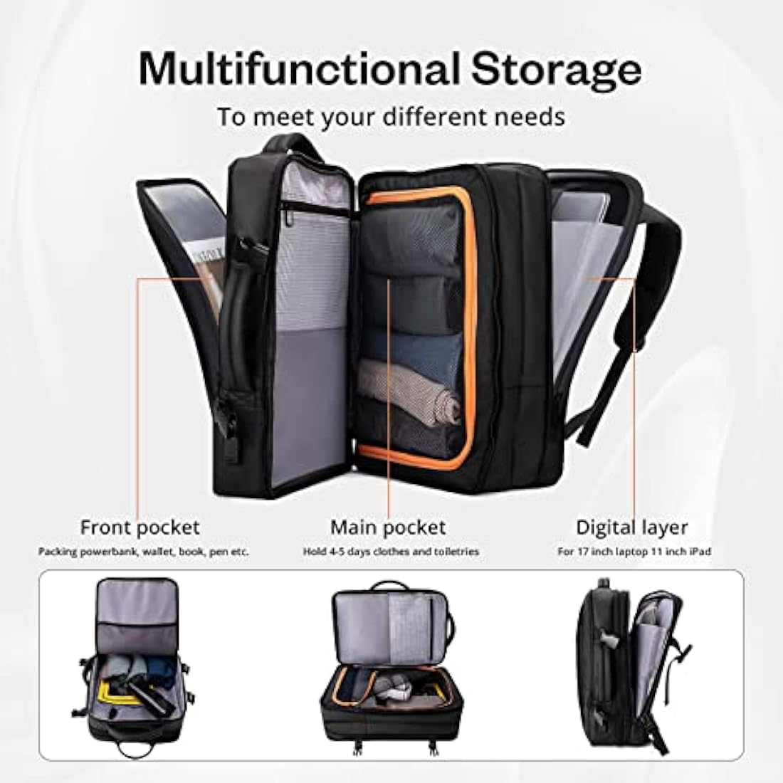 HEROIC KNIGHT Travel Laptop Backpack, Flight Approved Carry on Backpack, 17.3 Inch Water Resistant Busines Laptop Rucksack, Hand Luggage Bag With USB Charging Port, Underseat Cabin Bag For Men Women